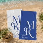Personalised Minimalist Mr. and Mrs. Quick Dry Beach Towel with Surname and Year Summer Vacation Honeymoon Anniversary Gift for Couple