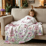 Personalized Warm Pink Wildflower Butterfly Soft Throw Blanket with Name Home Decor Birthday Gift for Baby Girl