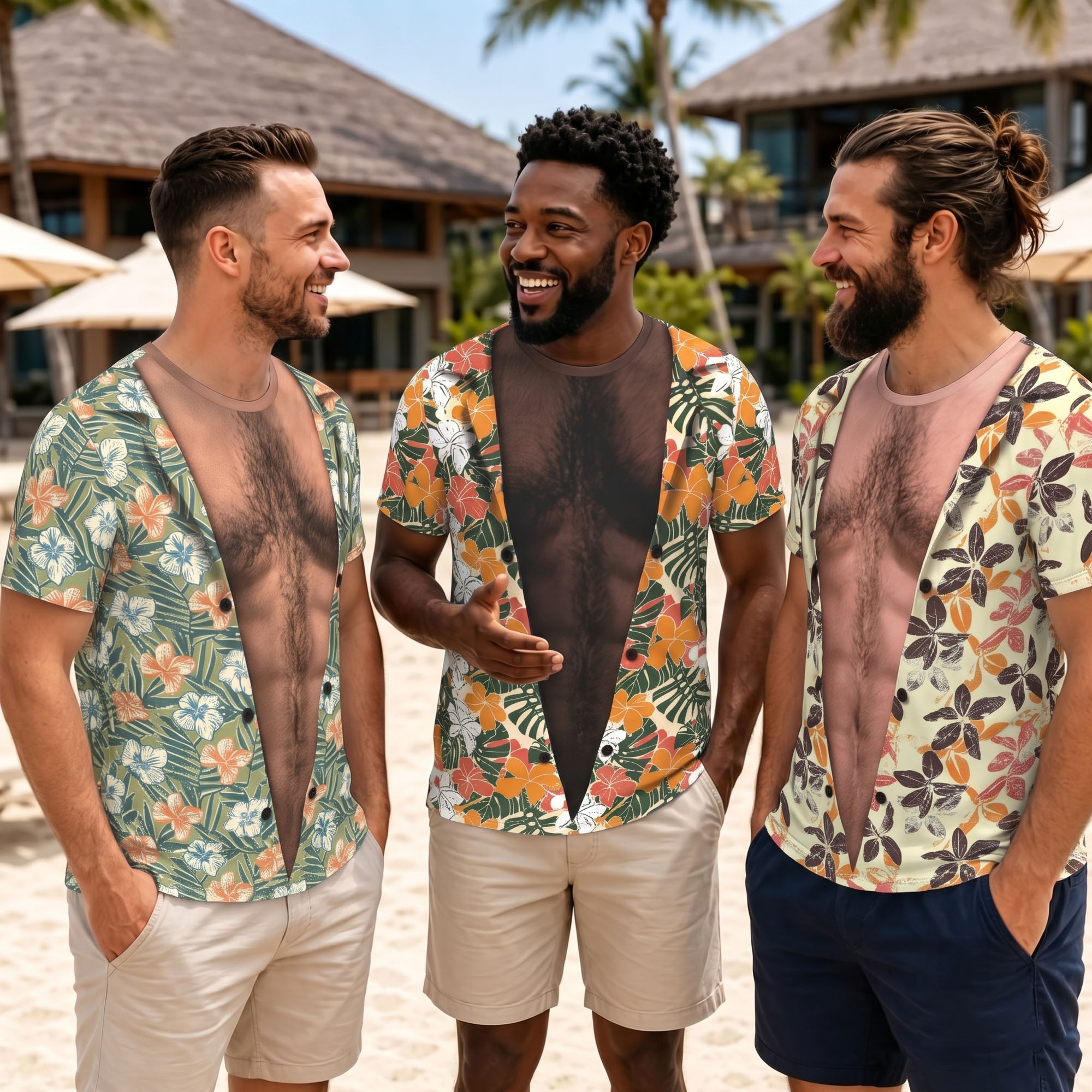 Individuell gestaltetes, witziges T-Shirt mit „Fake Muscle“-Motiv und hawaiianischem Blumenmuster – für den Alltag, Strandpartys und Sommerurlaub – Geschenk für Männer, Ehemänner und Freunde