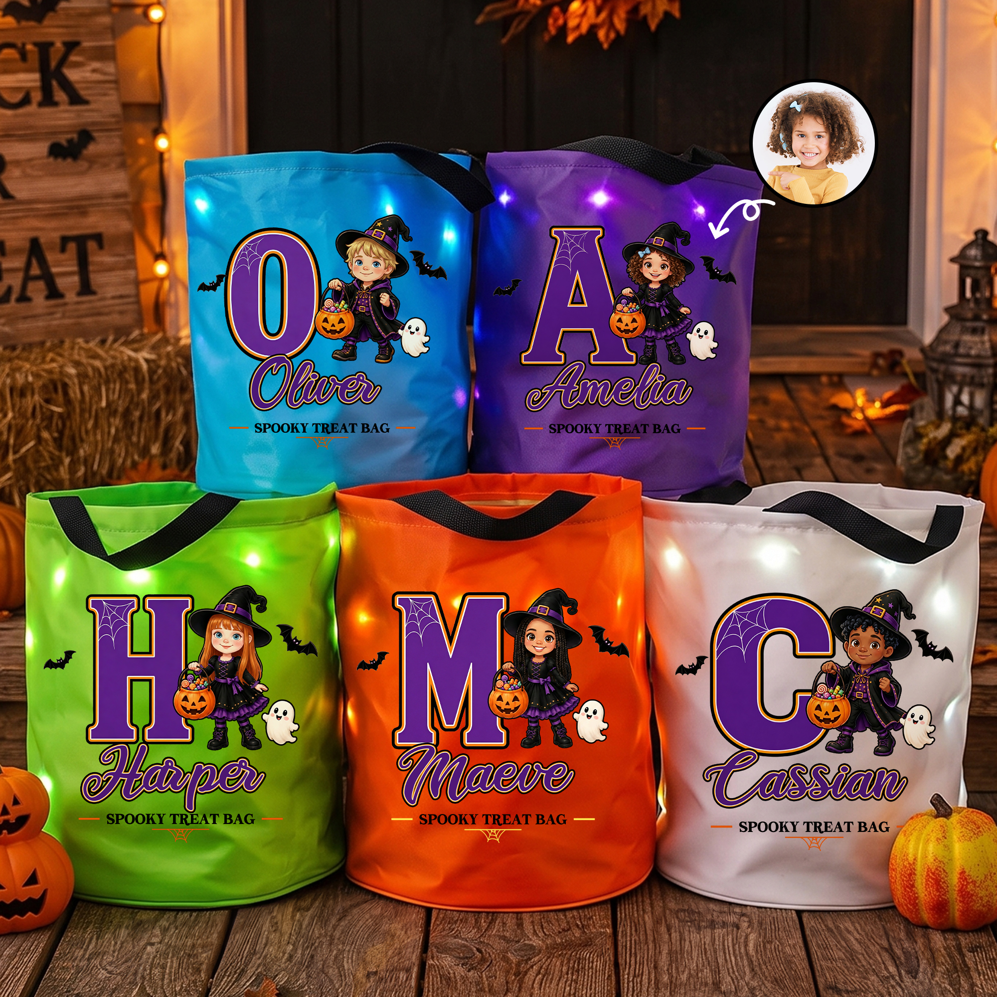 Individuell gestaltete, leichte LED-Lichttasche mit Cartoon-Figur für Süßigkeiten, mit Namen und Buchstaben – Halloween-Party-Geschenk für Kinder
