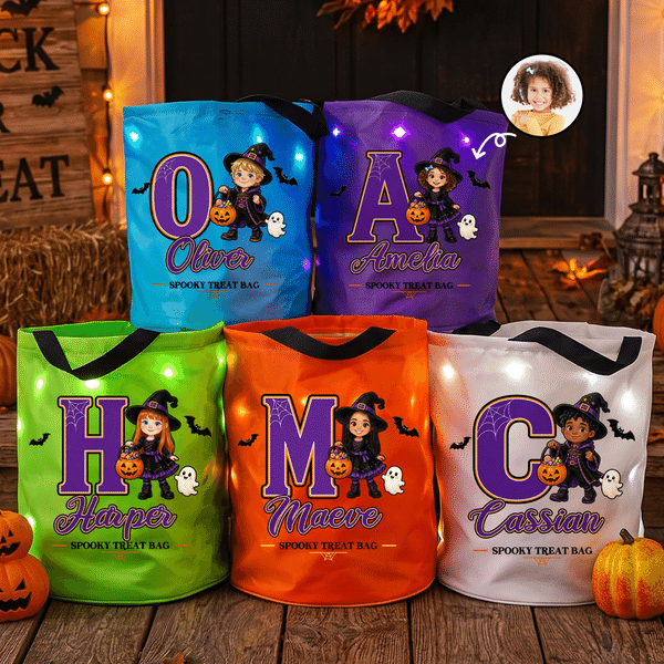 Personalized Cartoon Character Photo Lightweight Spooky LED Light Treat Bag with Name and Letter Halloween Party Gift for Kid