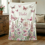 Personalized Warm Pink Wildflower Butterfly Soft Throw Blanket with Name Home Decor Birthday Gift for Baby Girl