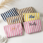 Personalised Pastel Stripe Embroidered Text Canvas Makeup Bag Daily Use Bridal Shower Birthday Gift for Bride