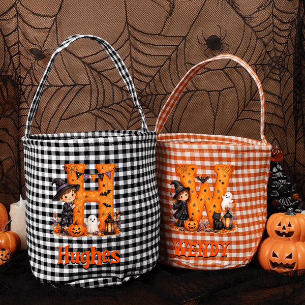 Personalised Halloween Theme Pumpkin Cartoon Character Sweets Basket with Name and Initial Halloween Party Gift for Kids Boys Girls