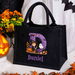 Personalised Halloween Witch Cartoon Character Initial Large Capacity Jute Tote Bag with Name Halloween Party Gift for Family Kids