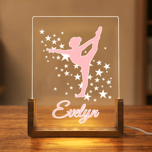 Personalized Gymnast Silhouette Acrylic LED Night Light with Name and Wooden Base Anniversary Birthday Gift for Dancers Gymnasts
