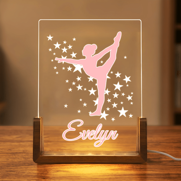 Personalized Gymnast Silhouette Acrylic LED Night Light with Name and Wooden Base Anniversary Birthday Gift for Dancers Gymnasts