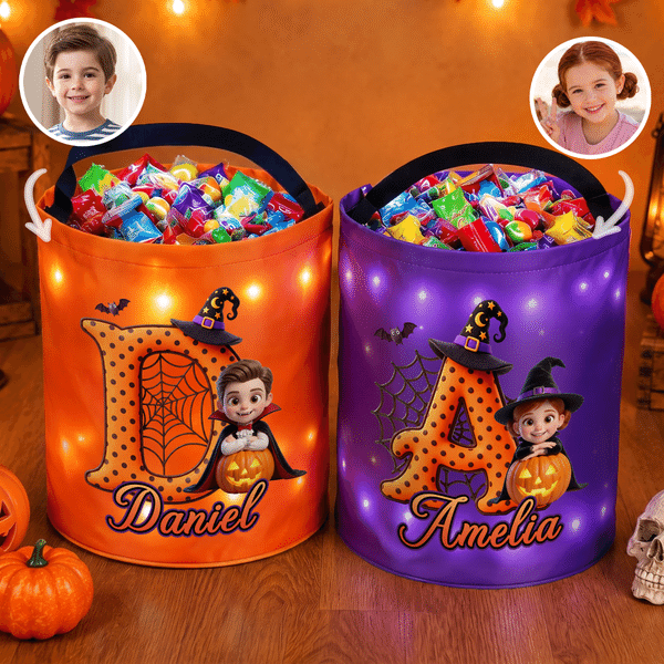 Personalized Halloween Cartoon Photo Character LED Light Trick or Treat Bag with Initial and Name Halloween Party Gift for Kids