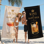 Personalised Queen King of Happy Hour Cocktail Quick-Dry Oversized Beach Towel with Name Beach Party Daily Use Holiday Gift for Couple