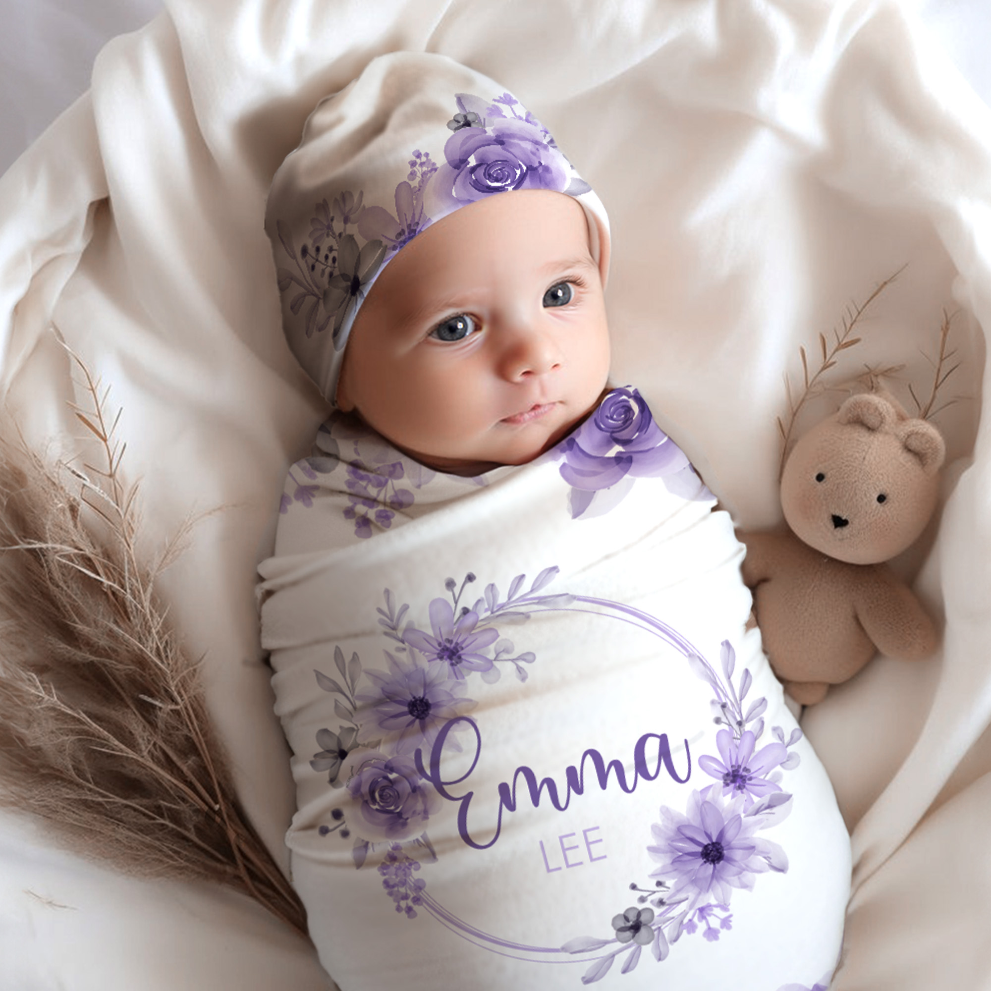 Personalisierte Aquarell Blume Kranz 100% Baumwolle weich wickeln und Knoten Hut Set mit Namen Baby Foto Requisiten Baby Dusche Geschenk für Neugeborene
