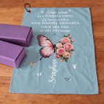 Personalized Positive Thoughts Change Your Life Birth Flower Butterfly Yoga Towel with Name Yoga Exercise Birthday Gift for Pilates Yoga Lover