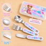 Personalized Fantasy Unicorn Dinosaur Safe Stainless Steel Fork Spoon Knife 3 Pcs Cutlery Set with Name and Case Back to School Birthday Gift for Kid