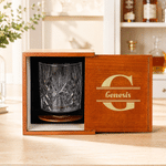 Personalized Retro Initial Whiskey Glass Wooden Box Coaster Set with Name and Date Birthday Anniversary Gift for Men