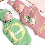 Personalized Multicolor 100% Cotton Flower Initial Name Swaddle and Knot Hat Set Baby Shower Birthday Gift for Newborns