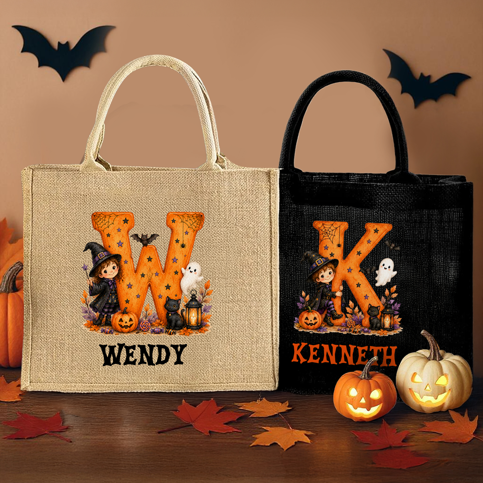 Personalisierte Halloween-Jute-Tragetasche mit großer Fassungsvermögen und Initialen einer Halloween-Hexe aus einem Cartoon – ein Geschenk für die Halloween-Party für die ganze Familie und Kinder
