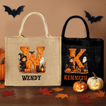 Personalised Halloween Witch Cartoon Character Initial Large Capacity Jute Tote Bag with Name Halloween Party Gift for Family Kids