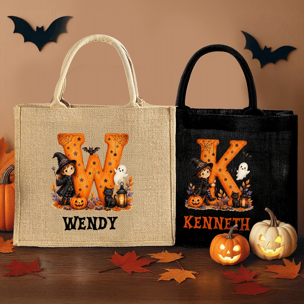 Personalised Halloween Witch Cartoon Character Initial Large Capacity Jute Tote Bag with Name Halloween Party Gift for Family Kids