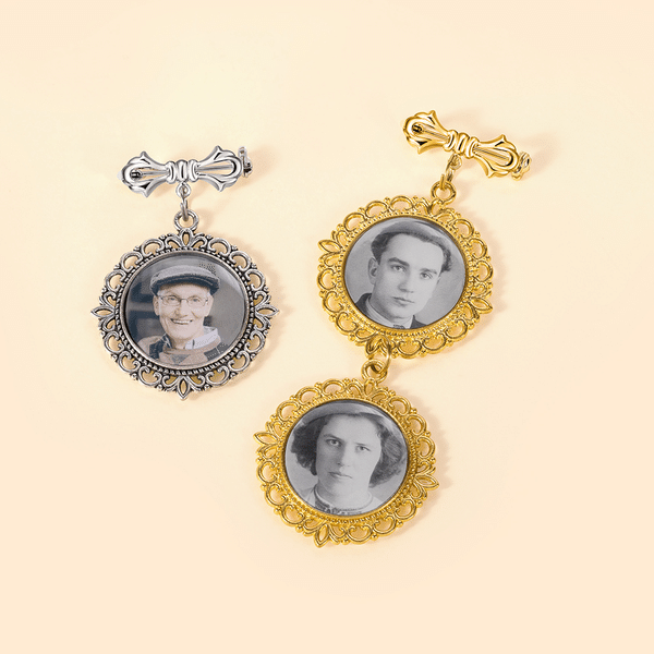 Personalized Retro Lace Bow-Knot Design 1-2 Photos Brooch Pin Bouquet Charm Wedding Memorial Gift for Brides Grooms