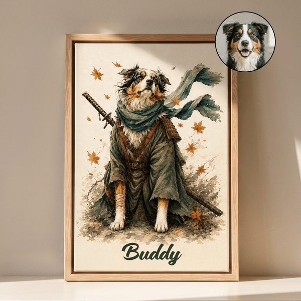 Personalized Samurai Watercolor Style Pet Photo Canvas Prints with Photo and Name Wall Decor Ship from USA Housewarming Gift for Pet Lovers