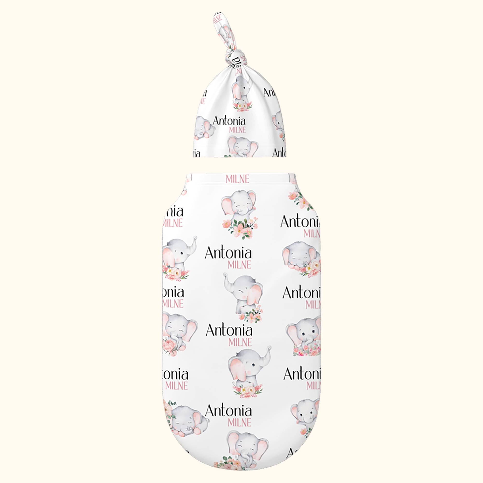 Personalisierte Floral niedlichen Elefanten 100% Baumwolle Swaddle Set Schlafsack und Hut mit Namen Muttertag Geburtstag Baby Dusche Geschenk für Baby
