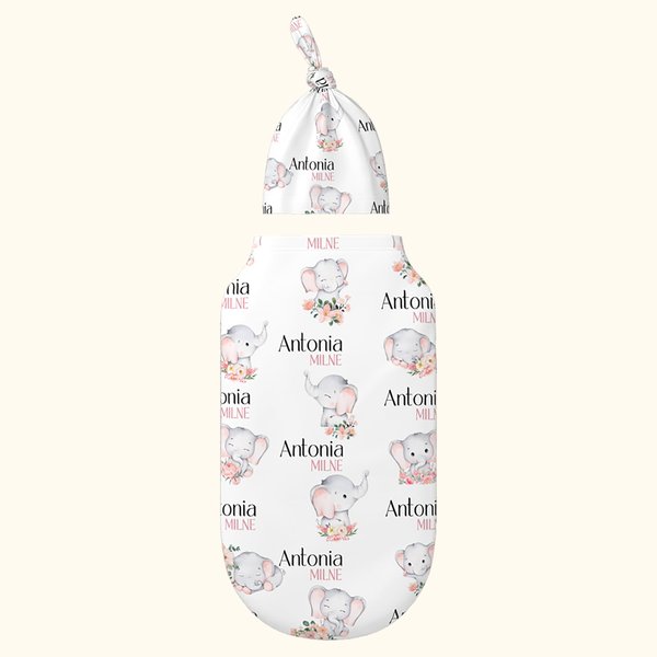 Personalizzato floreale Cute Elephant 100% cotone Swaddle Set Sacco nanna e cappello con nome Festa della mamma Compleanno Baby Shower Regalo per il bambino