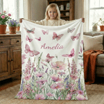 Personalized Warm Pink Wildflower Butterfly Soft Throw Blanket with Name Home Decor Birthday Gift for Baby Girl