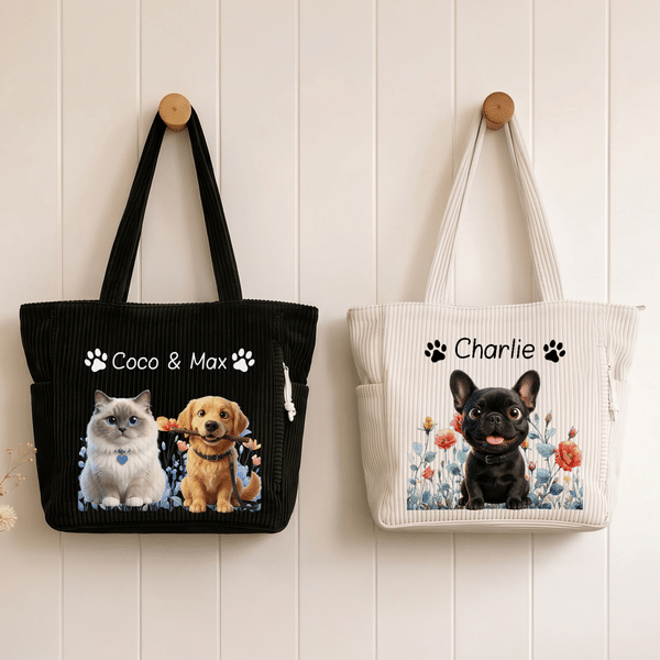Personalised Birth Flower Paw Print 1-2 Pet Photo Corduroy Tote Bag with Name Daily Use Birthday Gift for Pet Lovers
