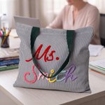 Personalised Striped Large Capacity Tote Bag with Title and Surname Daily Work Travel Use Teachers' Day Birthday Gift for Teachers Women Friends