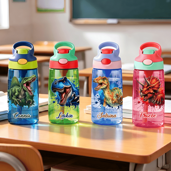 Personalized Watercolour Ink-Splash Dinosaur 16 oz Water Bottle with Name Daily Use Back to School Birthday Gift for Kids Dinosaur Lovers