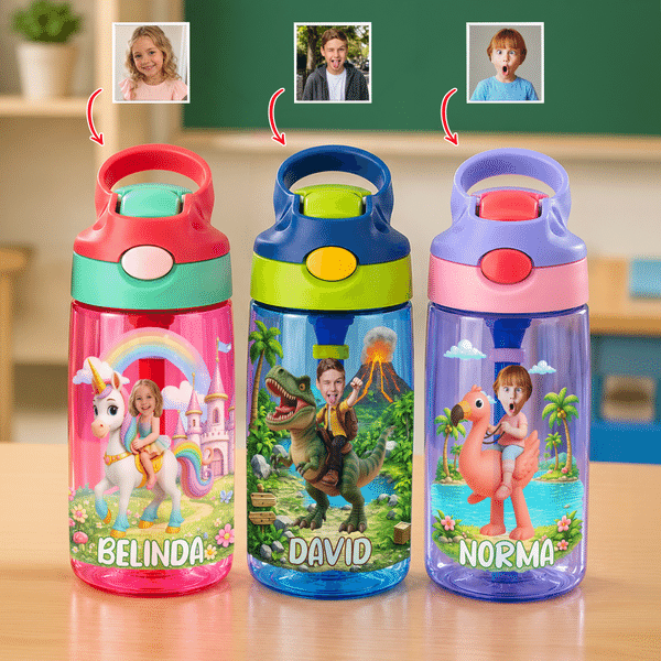Personalized Fantasy Unicorn Dinosaur Flamingo 16 oz Water Bottle with Name and Photo Back to School Outdoor Activities Birthday Gift for Kid