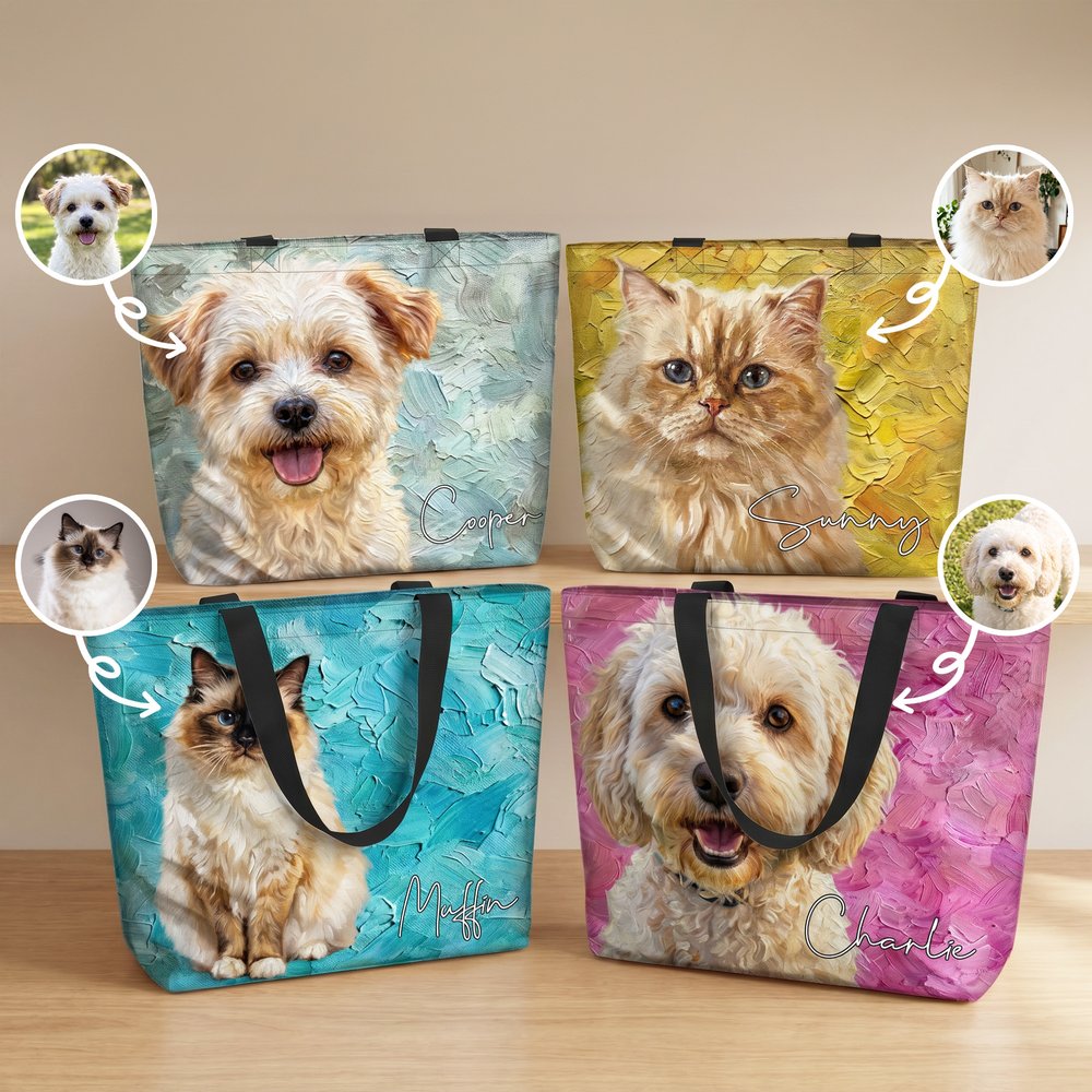 Personalised Oil Painting Style Pet Photo Large Capacity Multicolour Tote Bag with Name Daily Outdoor Use Birthday Gift for Pet Owners Lovers 2