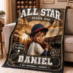 Personalized Cartoon Baseball Character Photo Soft Throw Blanket with Name and Number Home Decor Team Birthday Gift for Baseball Lovers