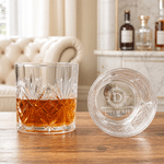 Personalized Retro Initial Whiskey Glass Wooden Box Coaster Set with Name and Date Birthday Anniversary Gift for Men