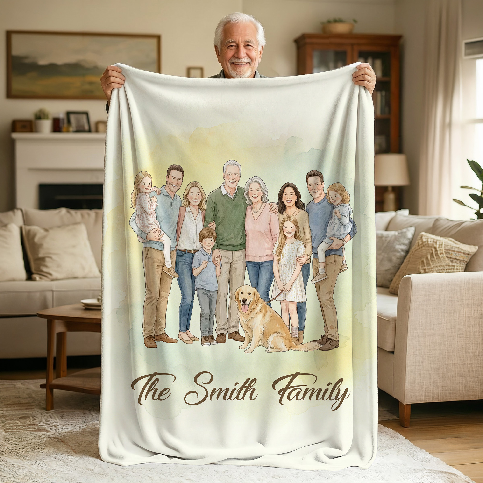 Personalisierte, weiche Kuscheldecke mit warmem Aquarell-Motiv: Familienporträts mit Schriftzug – Wohnaccessoire, Geschenk zum Jubiläum oder Geburtstag für Familie und Freunde