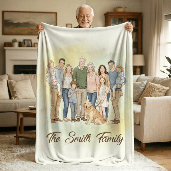 Personalised Warm Watercolour Family Portraits Soft Throw Blanket with Text Home Decor Anniversary Birthday Gift for Family Friends