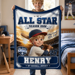 Personalized Cartoon Baseball Character Photo Soft Throw Blanket with Name and Number Home Decor Team Birthday Gift for Baseball Lovers