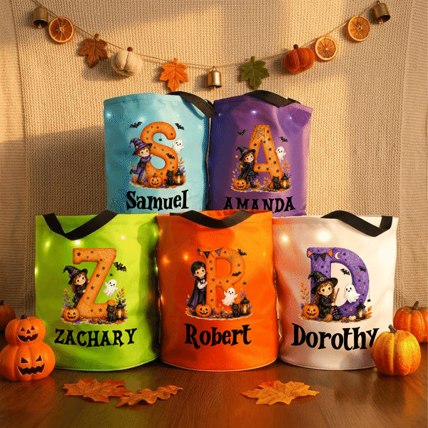 Personalised Halloween Theme Cartoon Initial LED Light Bucket Bag with Name Trick or Treat Halloween Party Gift for Boys Girls