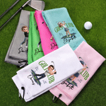Personalized Golf Club Cartoon Golfer Photo Portable Waffle Golf Towel with Name and Hang Clip Daily Use Game Day Birthday Gift for Golfer Golf Lover