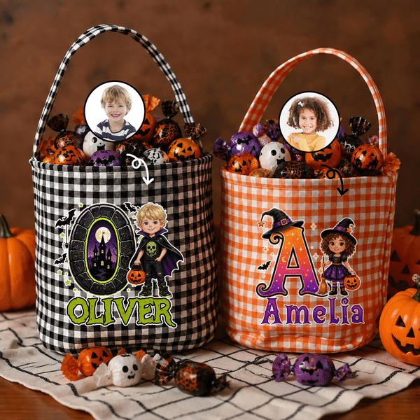 Personalised Cute Halloween Theme Cartoon Wizard Character Photo Bucket Bag with Name and Initial Halloween Party Gift for Kids