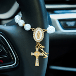 Personalised Virgin Mary Steering Wheel Rosary Charm with Cross and Name Car Decor Baptism Christmas Religious Gift for Christians Women Drivers