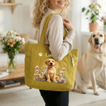 Personalised Birth Flower Paw Print 1-2 Pet Photo Corduroy Tote Bag with Name Daily Use Birthday Gift for Pet Lovers