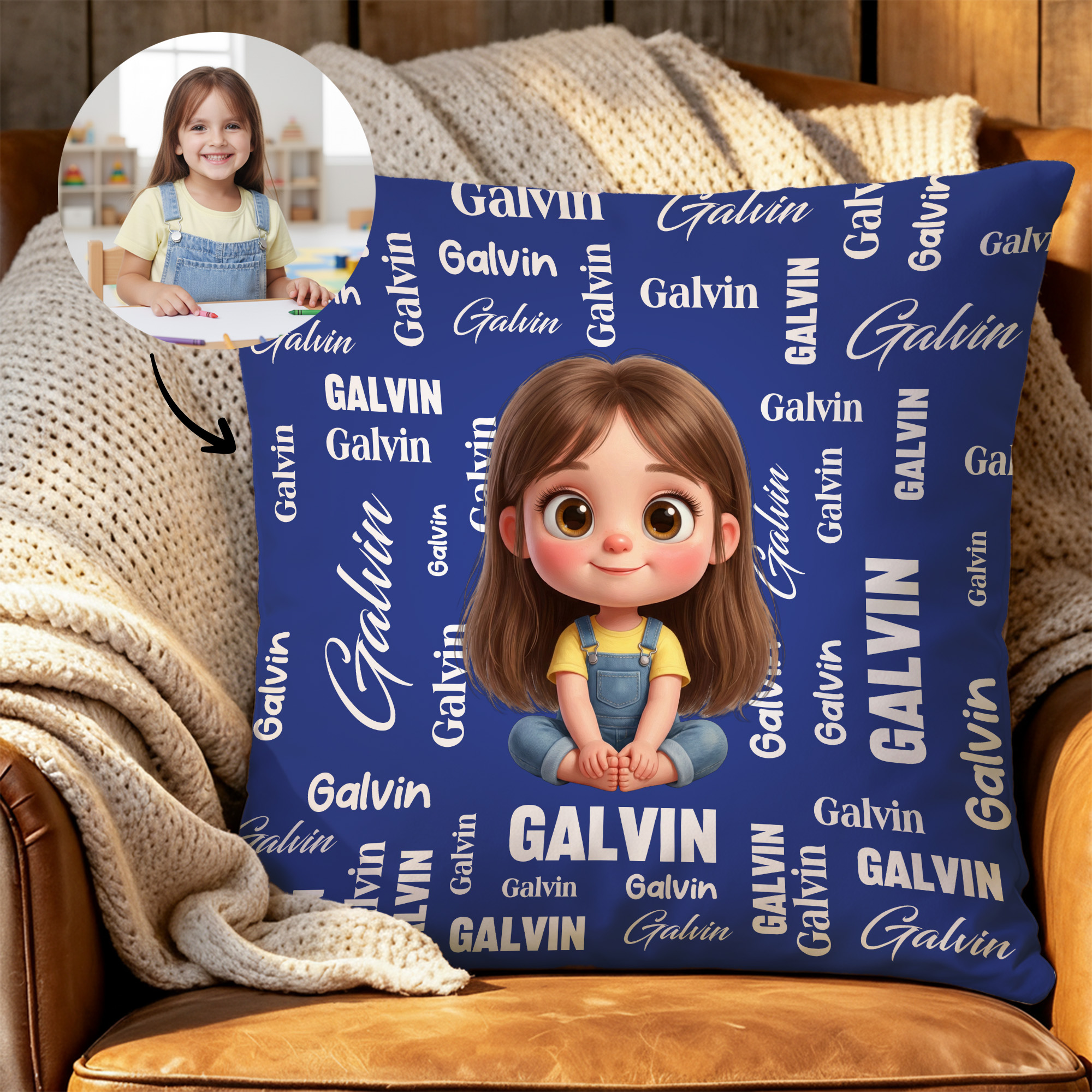 Individuell gestalteter, niedlicher Kissenbezug mit Cartoon-Figur und Foto in verschiedenen Farben, mit Namen – Wohnaccessoire, Geschenk zur Babyparty oder zum Geburtstag für Kinder, Jungen und Mädche