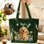 Personalised Birth Flower Paw Print 1-2 Pet Photo Corduroy Tote Bag with Name Daily Use Birthday Gift for Pet Lovers