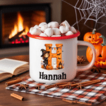Personalized Halloween Witch Cartoon Character Initial Multicolour 12 oz Enamel Mug with Name Halloween Party Gift for Kids