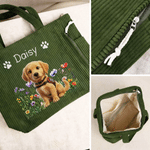 Personalised Birth Flower Paw Print 1-2 Pet Photo Corduroy Tote Bag with Name Daily Use Birthday Gift for Pet Lovers