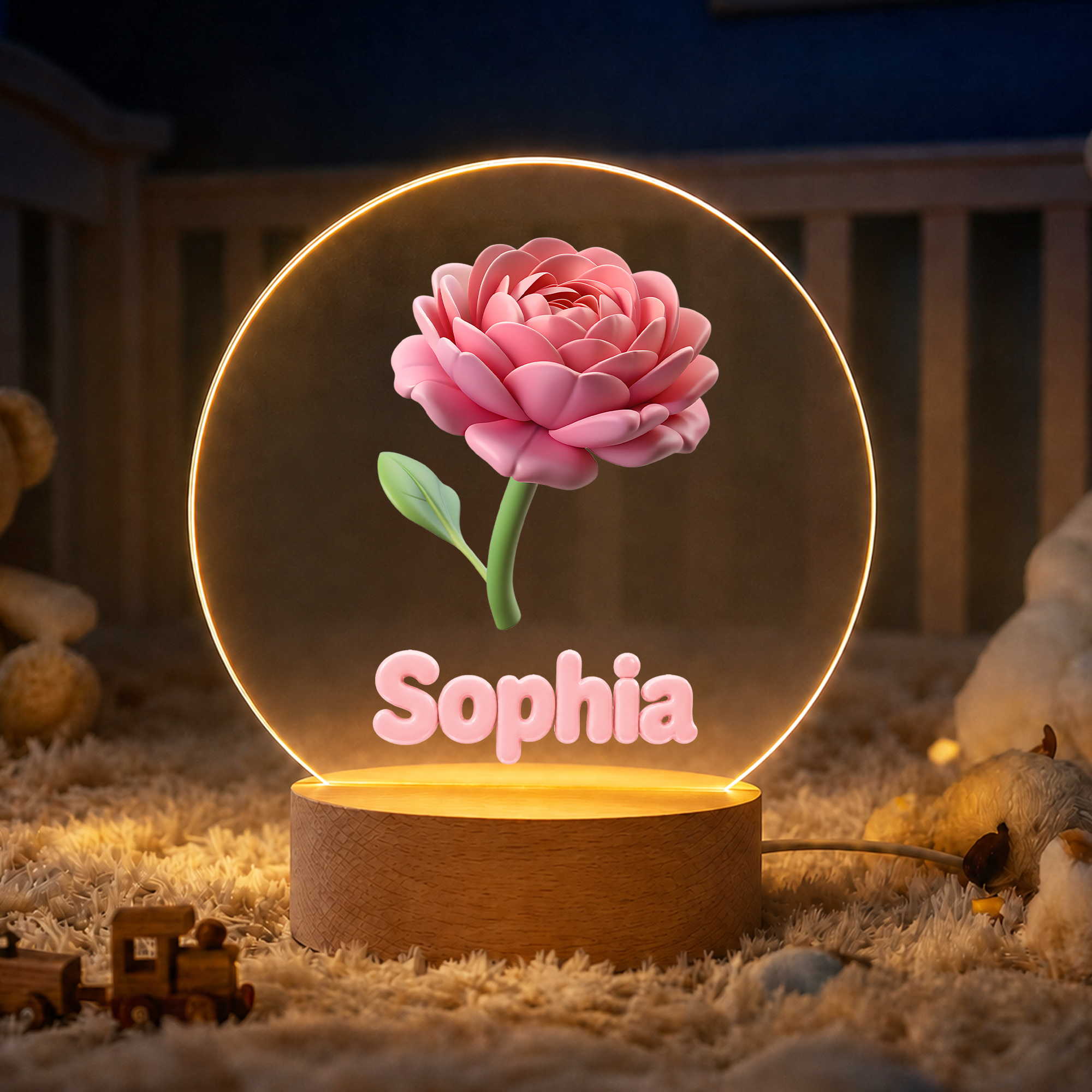 Personalisiertes 2D-LED-Nachtlicht aus Acryl mit Geburtsblume und Namen sowie Holzsockel – Deko für das Kinderzimmer, Geschenk für Kinder