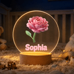 Personlig 2D-nattlampa i akryl med LED-belysning, med namn och födelsedagsblomma samt träfot – inredningsdetalj till barnrummet och present till barn
