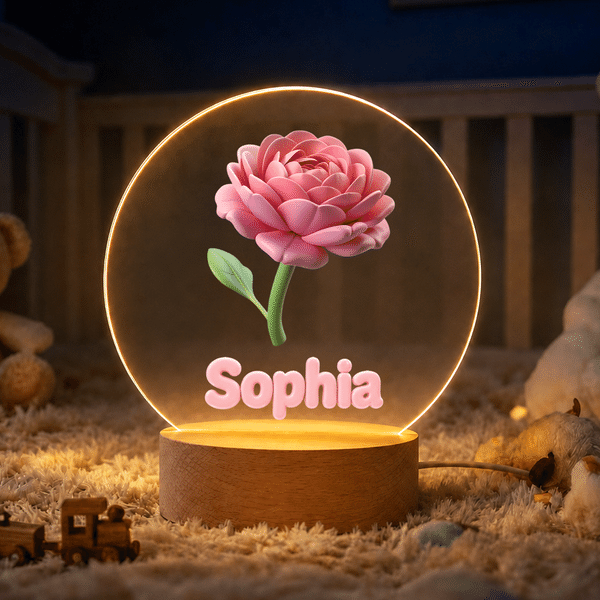 Personlig 2D-nattlampa i akryl med LED-belysning, med namn och födelsedagsblomma samt träfot – inredningsdetalj till barnrummet och present till barn
