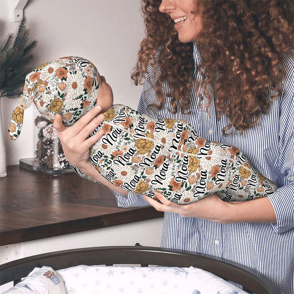 Set di fasce vintage floreali personalizzate Sacco nanna e cappello Regalo per neonato Regalo per la festa del bebè 4