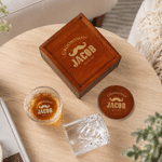 Personalized Retro Initial Whiskey Glass Wooden Box Coaster Set with Name and Date Birthday Anniversary Gift for Men